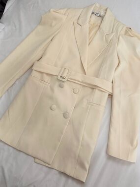 Double-Breasted Cream Belted Blazer Jacket Dress